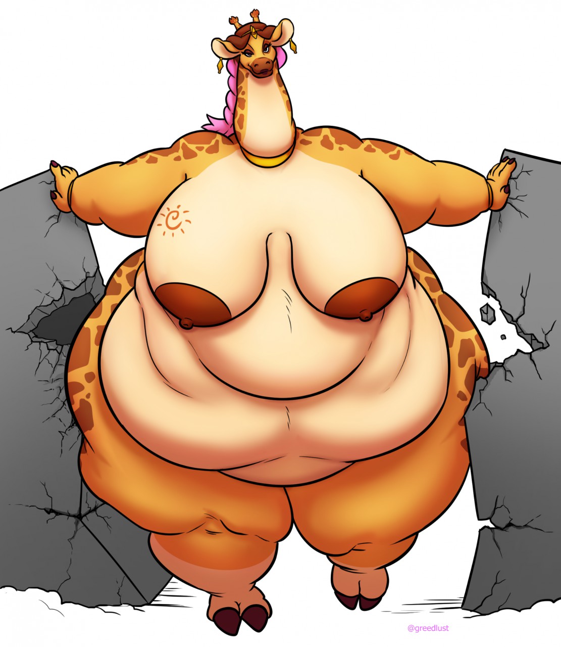 anthro bartok_the_magnificent belly_bulge belly_expansion brown_hair building earrings fat fat_female giantess gigantic_ass gigantic_breasts giraffe greedlust horns ludmilla pink_hair single_braid tail tattoo