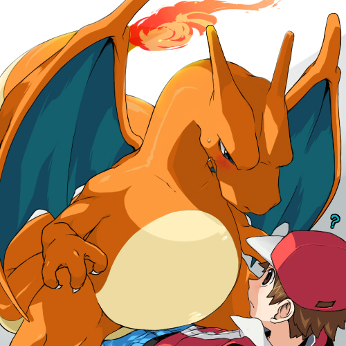 agemono ambiguous_gender black_eyes brown_eyes charizard fire imminent_rape male orange_scales pokemon pokemon_trainer red_(pokemon) scalie tail