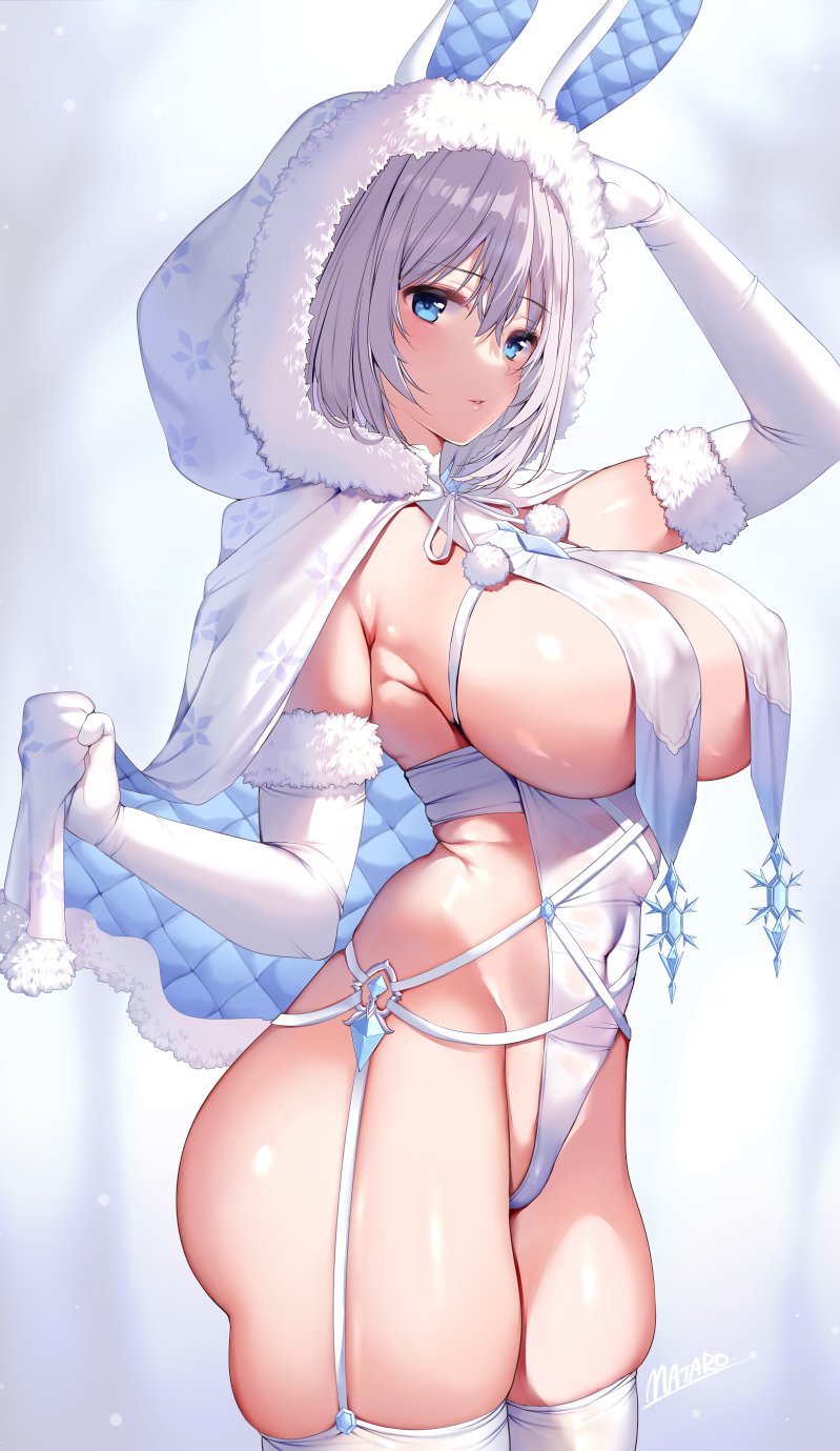 1girl 1girl animal_ears arm_up artist_name big_breasts blue_eyes blush breast_curtains breasts commentary covered_navel elbow_gloves english_commentary from_side fur_trim gloves grey_hair high_res highleg highleg_leotard hood hood_up leotard looking_at_viewer mataro_(matarou) medium_hair original parted_lips rabbit_ears skindentation stockings thick_thighs thighs white_gloves white_leotard white_thighhighs