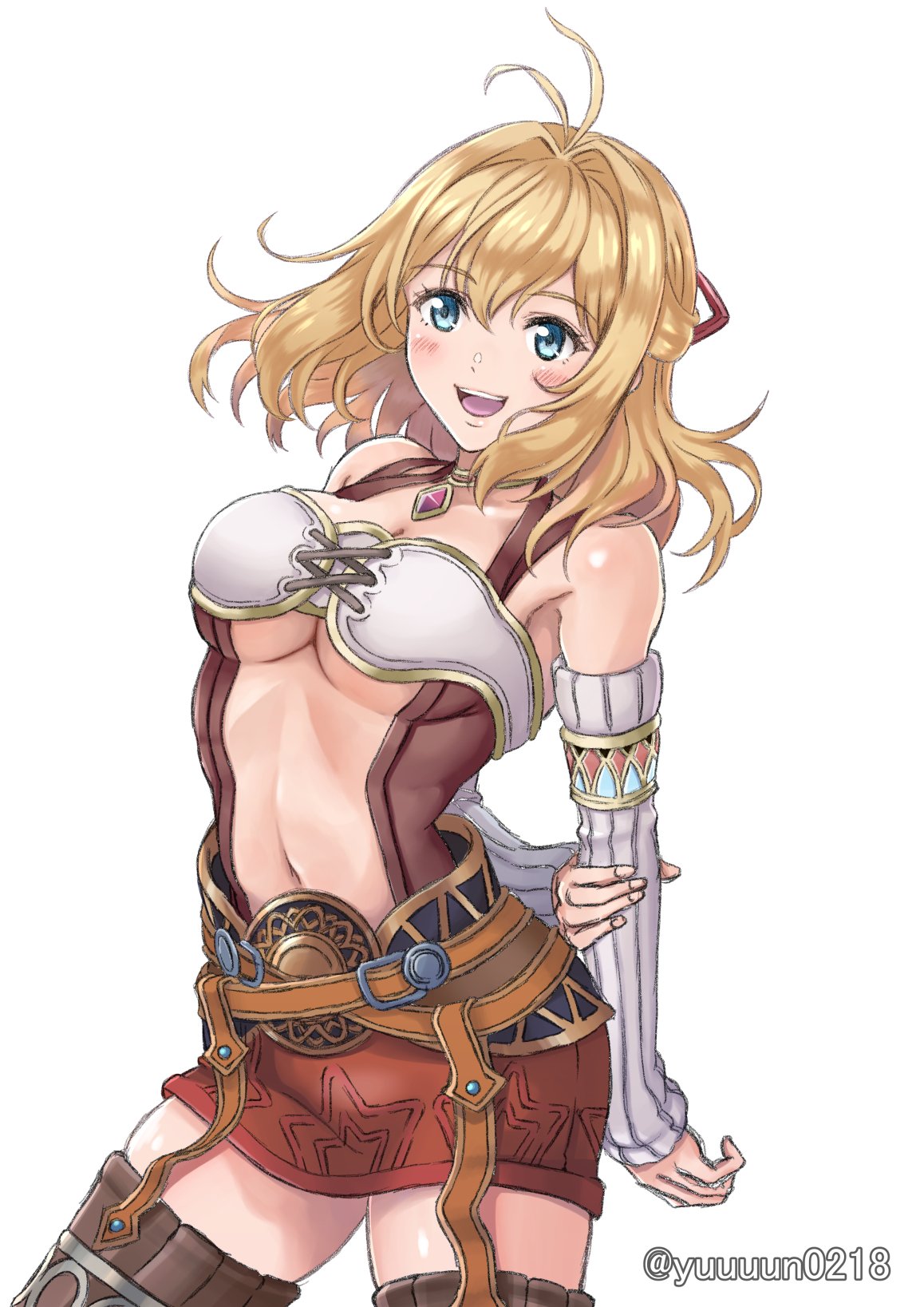 1girl 1girl alluring bare_shoulders big_breasts blonde_hair blush breasts brown_thighhighs cleavage fiora_(xenoblade) gloves green_eyes hair_ornament high_res jewelry long_hair looking_at_viewer medium_breasts miniskirt nintendo open_mouth short_hair simple_background skirt smile stockings under_boob white_background xenoblade_(series) xenoblade_chronicles_(series) xenoblade_chronicles_1 xenoblade_chronicles_2 yuuuun0218