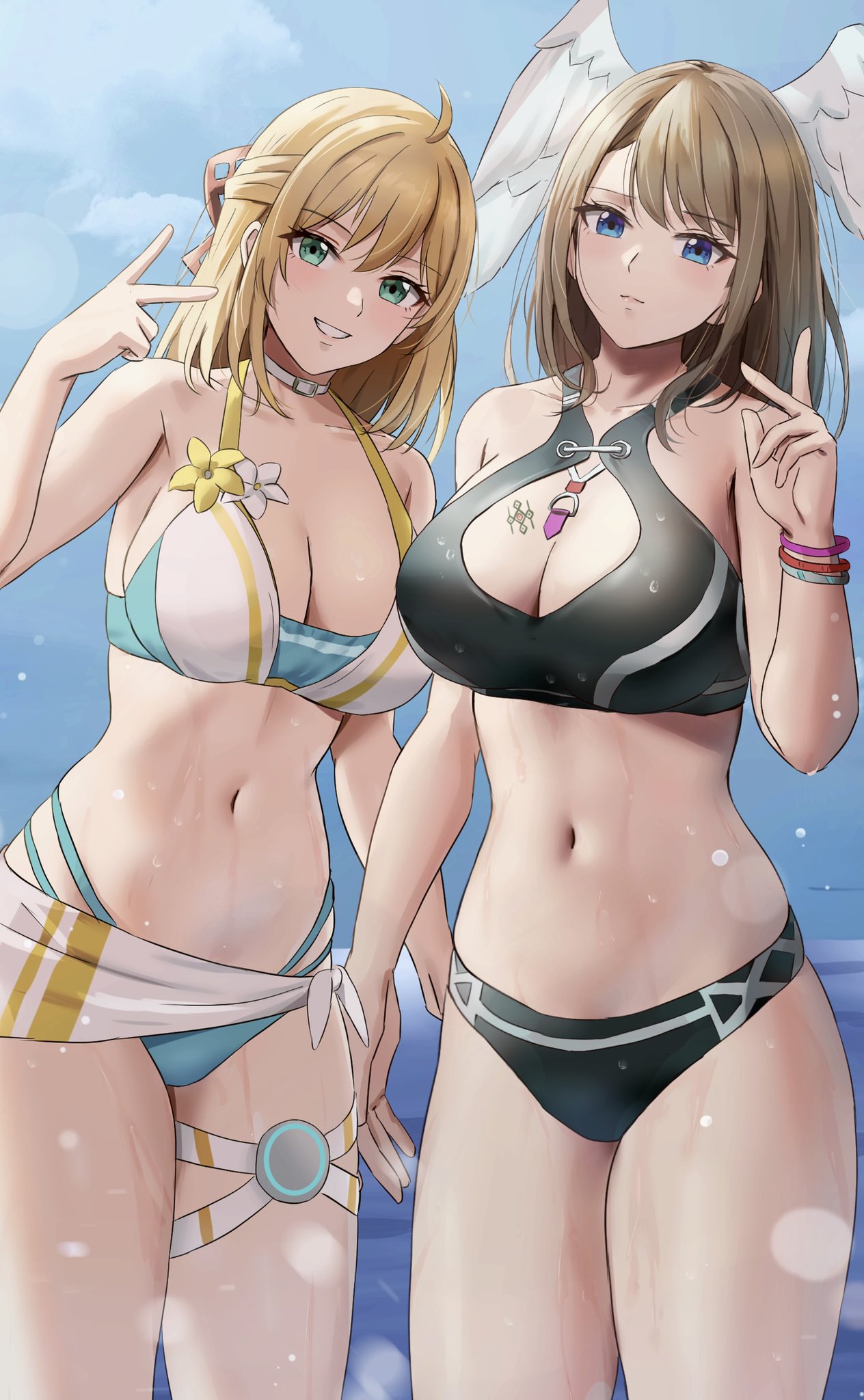 2_girls alluring alternate_costume amayo_thranana big_breasts bikini blonde_hair blue_eyes blue_pupils blush bracelet breast_tattoo breasts brown_hair cleavage cloud cloudy_sky cosplay costume_switch eunie_(xenoblade) eunie_(xenoblade)_(cosplay) fiora_(xenoblade) fiora_(xenoblade)_(cosplay) green_eyes head_wings high_res jewelry long_hair looking_at_viewer medium_hair multiple_girls navel nintendo open_mouth outside short_hair side-by-side simple_background sky smile stomach swimsuit tattoo upper_body white_wings wings xenoblade_(series) xenoblade_chronicles_(series) xenoblade_chronicles_1 xenoblade_chronicles_3