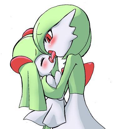 art artist_request blush closed_eyes french_kiss gardevoir hug hugging kirlia kiss kissing looking_at_another love nintendo open_mouth pokemon simple_background tongue tongue_out white_background yuri