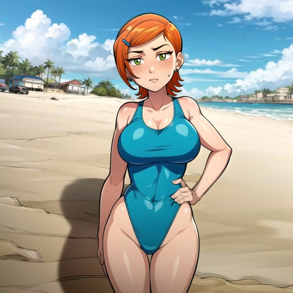 1girl aged_up ai_generated beach ben_10 big_breasts blue_one-piece_swimsuit blue_swimsuit blush breasts cartoon_network cats62 cleavage earrings female green_eyes gwen_tennyson hairclip hand_on_hip jewelry light-skinned_female light_skin looking_at_viewer navel navel_visible_through_clothes one-piece_swimsuit orange_hair short_hair standing stockings sweat sweatdrop swimsuit teen thighs tight_clothing tight_swimsuit tight_swimwear voluptuous voluptuous_female wide_hips