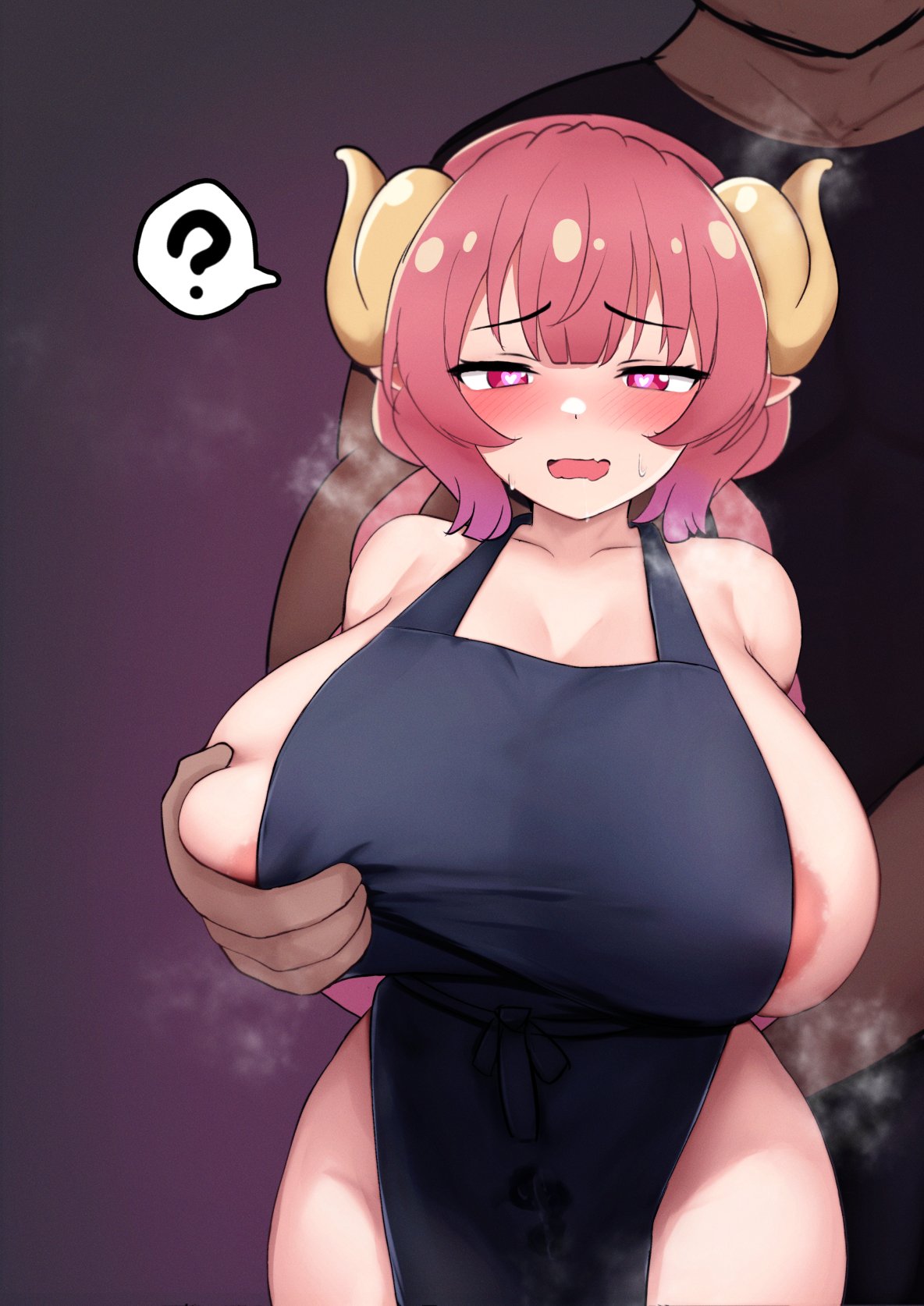 1boy 1girl ? apron areola_slip blunt_bangs blush breast_grab breasts collarbone dark-skinned_male dark_skin dragon_horns faceless faceless_male fang furrowed_brow grabbing grabbing_another's_breast grabbing_from_behind gradient_background heart heart-shaped_pupils hetero high_res horns huge_breasts ilulu_(dragon_maid) ilulu_(maidragon) kobayashi-san_chi_no_maidragon looking_at_viewer male/female massive_breasts miss_kobayashi's_dragon_maid mochitsuki_karen naked_apron open_mouth paid_reward_available pink_hair purple_background red_eyes simple_background skin_fang solo_focus spoken_question_mark standing steaming_body sweat symbol-shaped_pupils upper_body