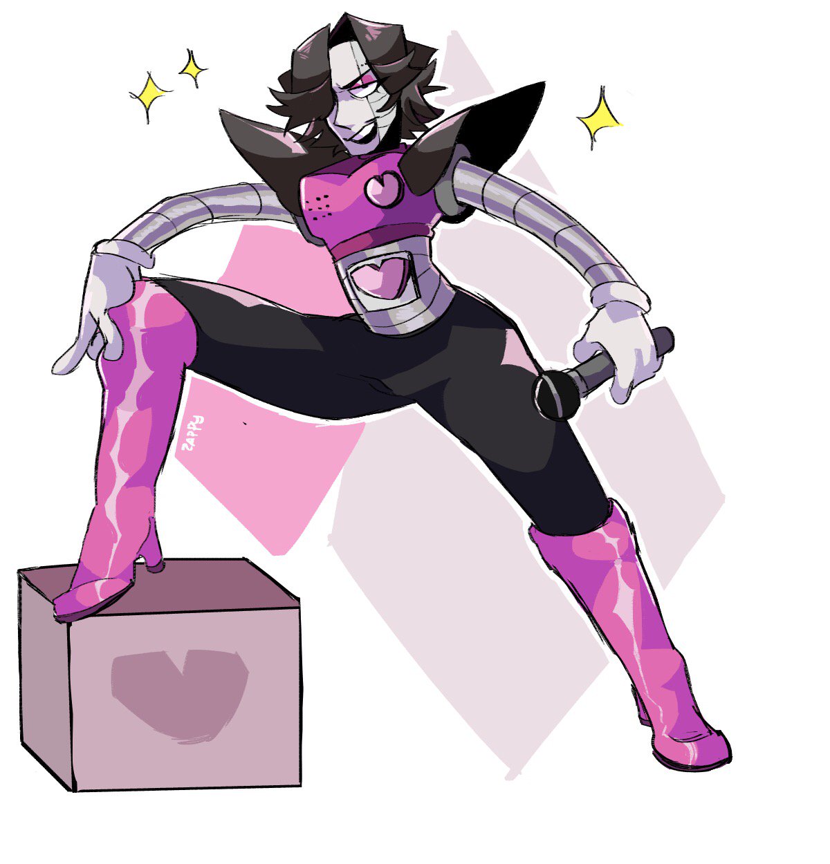 1boy 2010s 2019 2d 2d_(artwork) _zzappyy_ black_hair boots box digital_media_(artwork) footwear hair_over_one_eye high_heel_boots holding_microphone humanoid humanoid_robot male male_only mettaton mettaton_ex microphone pink_boots pink_high_heel_boots robot robot_humanoid shoes simple_background solo_male sparkle sparkles undertale undertale_(series) video_game_character video_games white_background