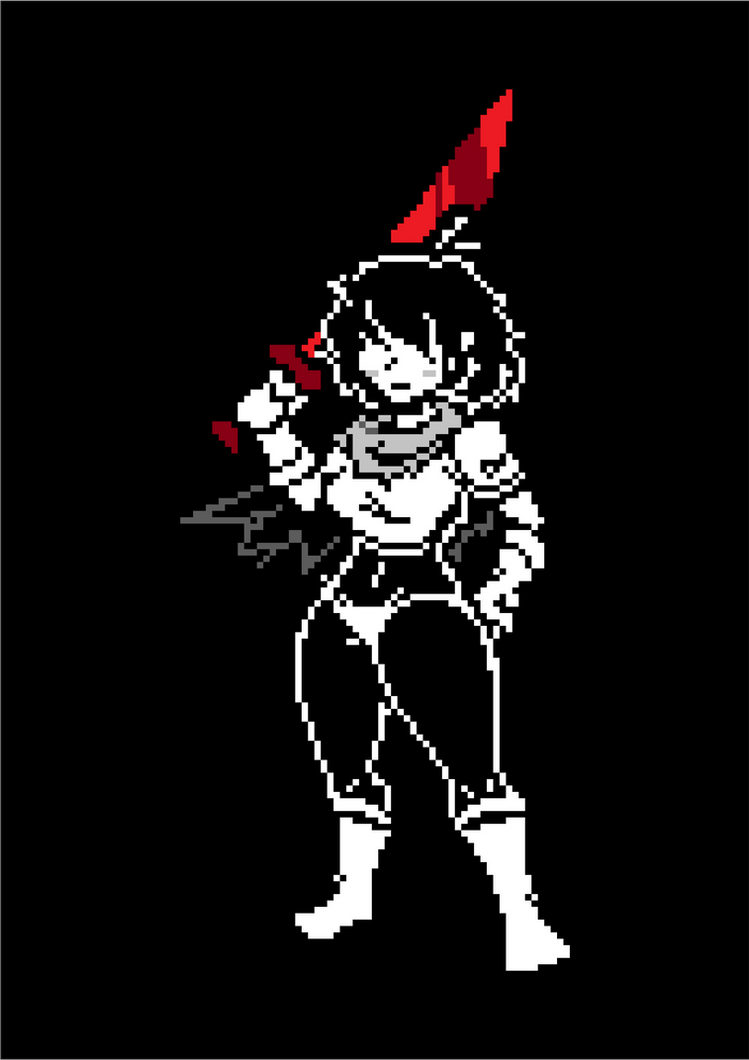 1girl 2020s 2022 2d 2d_(artwork) black_and_white breasts clothed curvy deltarune deviantart digital_media_(artwork) female female_human female_kris_(deltarune) female_only hair_over_eyes hand_on_hip holding_sword holding_weapon human human_only killerph4nt0m1 kris_(dark_world_form) kris_(deltarune) partially_colored pixel_(artwork) pixel_art scarf short_hair solo solo_female solo_human sword thighs undertale_(series) video_game_character video_games weapon wide_hips
