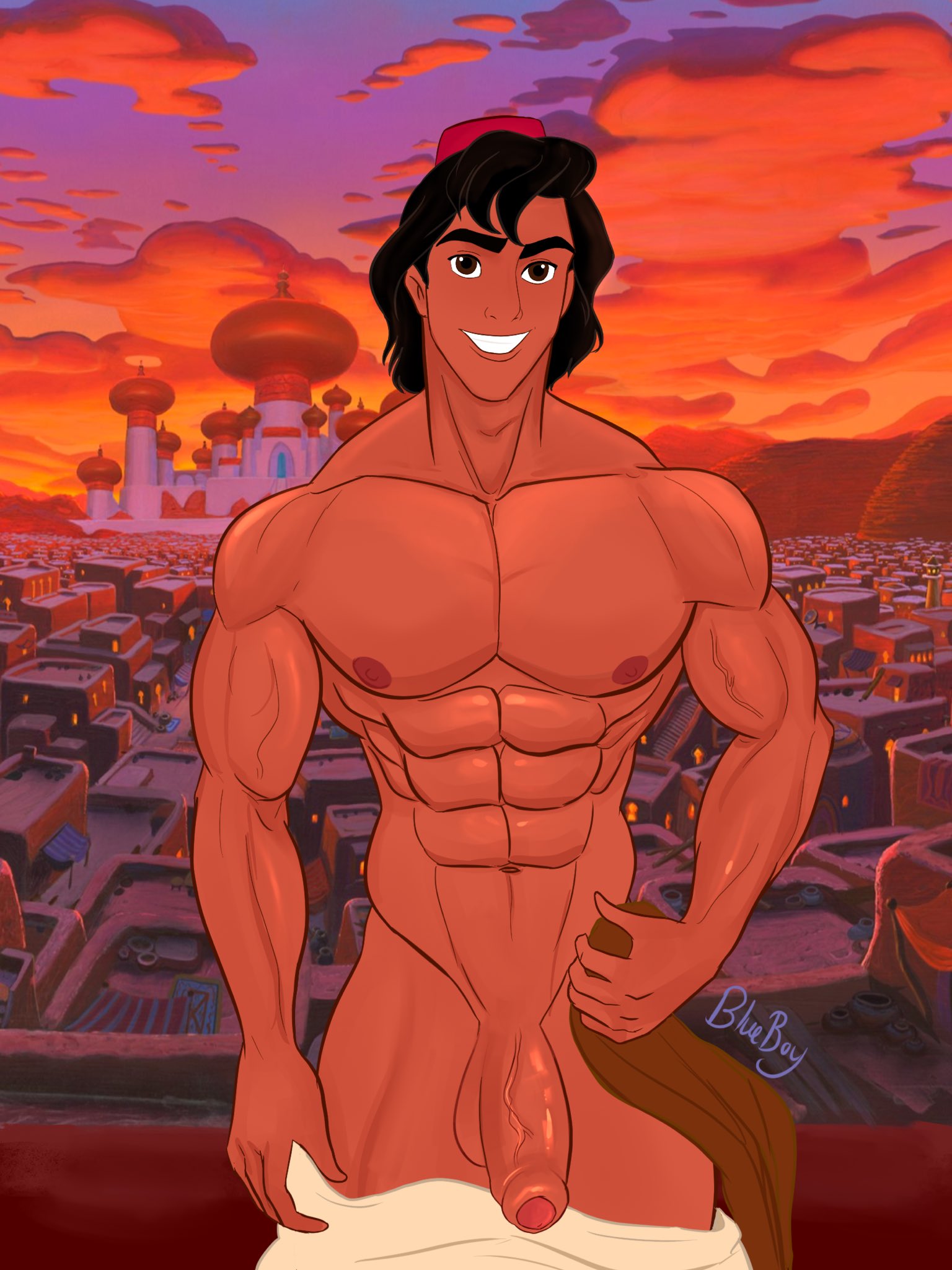 1boy abs aladdin aladdin_(series) arab arab_male arabian arabian_male artist_name athletic_male background_character bara biceps big_chest big_pecs big_penis blueboybara bulging_biceps disney fez fit_male flaccid flaccid_penis huge_chest huge_cock huge_pecs huge_penis islamic_architecture looking_at_viewer male male_only melanin middle_eastern middle_eastern_clothing middle_eastern_male mosque nude palace pants_down pecs penis skyline smooth_chest smooth_skin sunset thick_thighs towel uncut veiny_penis