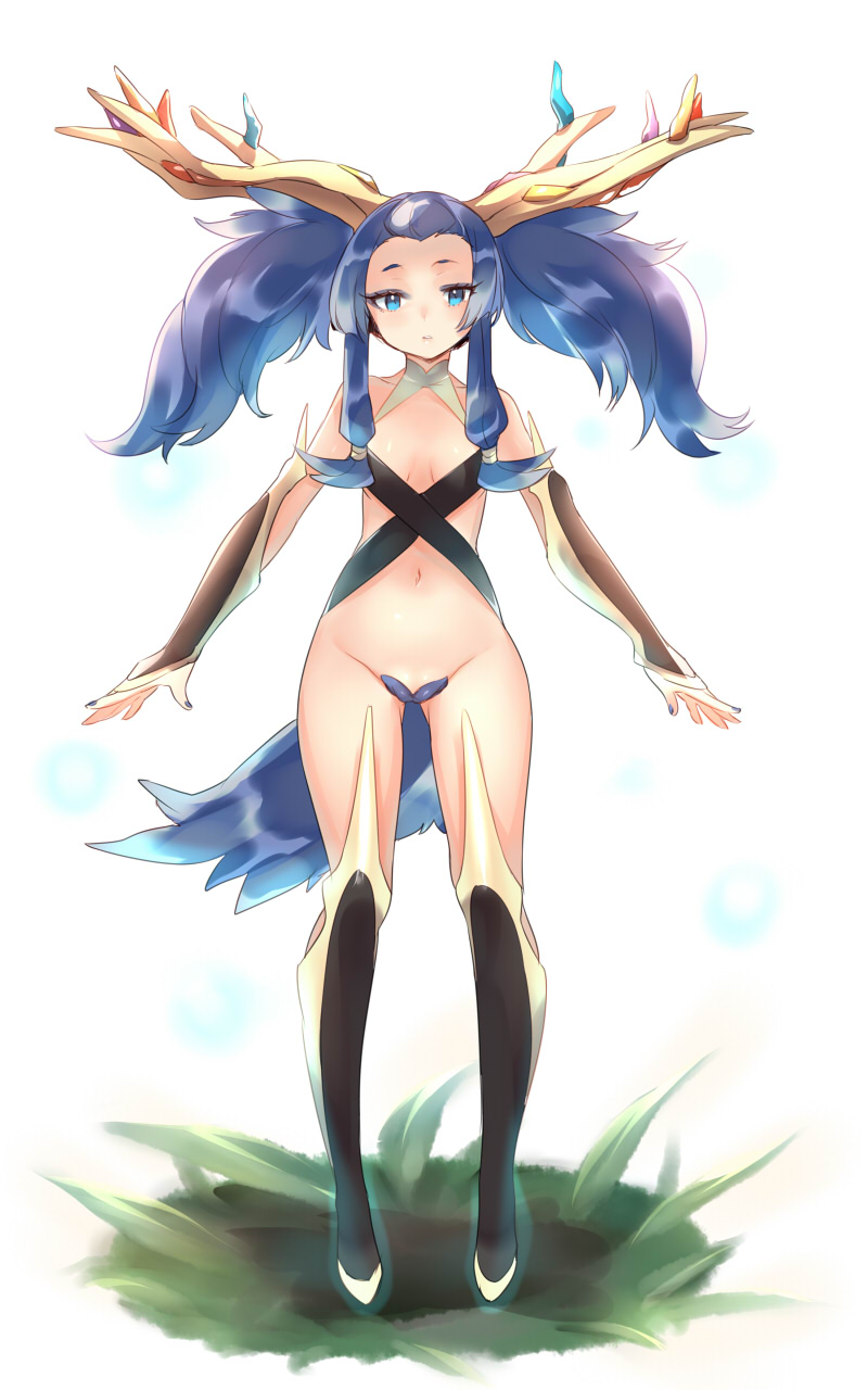 1girl anthro anthrofied antlers bare_shoulders black_hair blue_eyes blue_hair boots breasts bridal_gauntlets censored convenient_censoring flat_chested highres horns knee_boots long_hair maebari mound_of_venus nail_polish naso4 navel nintendo open_mouth pokemon pokemon_(game) pokemon_xy revealing_clothes simple_background small_breasts solo standing tail thigh_boots twin_tails white_background xerneas