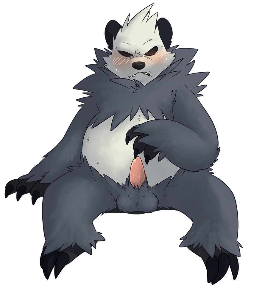 3_fingers 3_toes alpha_channel barefoot bear black_fur black_nose blush cent chubby claws closed_eyes erection feral frown fur grey_fur male nintendo nude panda pangoro penis pink_penis plain_background pokemon raised_arm shadow sharp_teeth shiny sitting solo sweat teeth testicles toe_claws transparent_background video_games white_fur