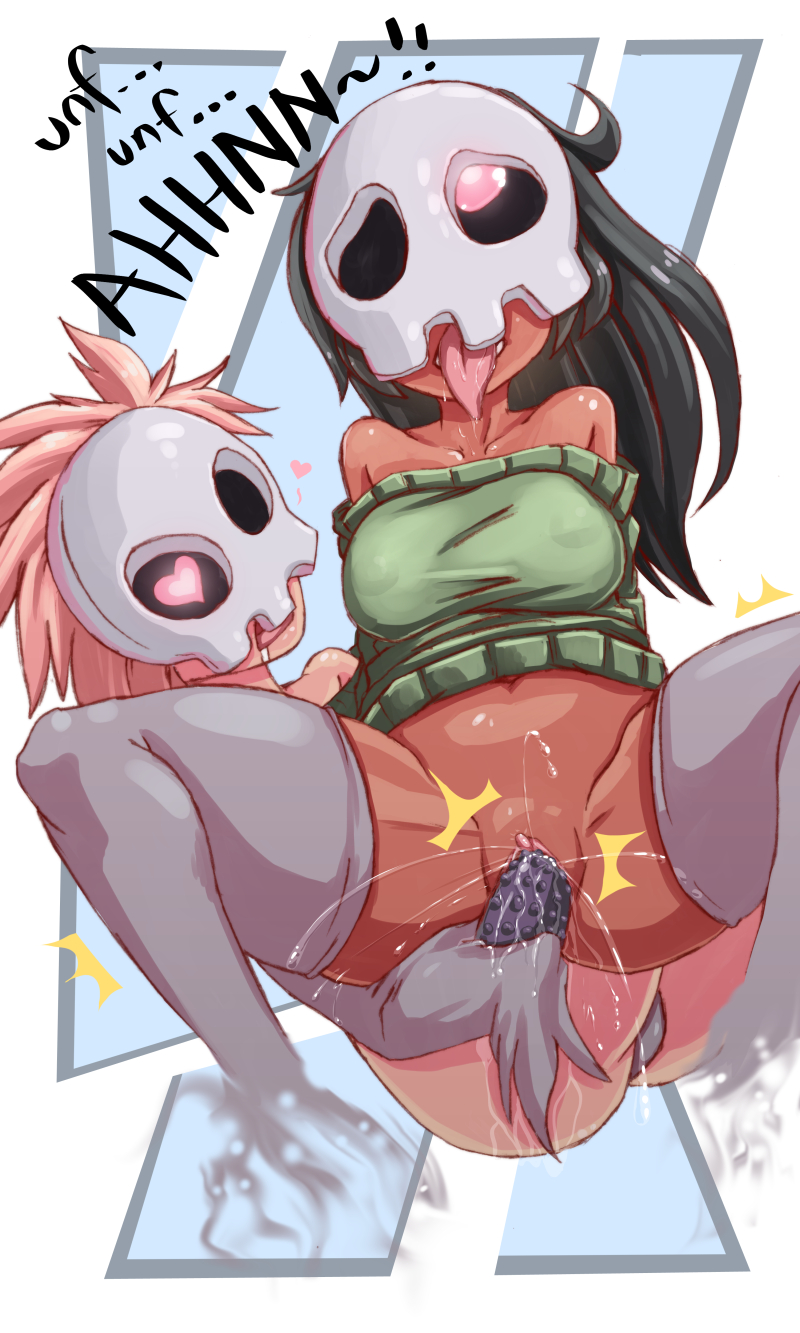/\/\/\ 2_girls ahegao bare_shoulders black_hair breasts clitoris covered_nipples dildo dildo_in_pussy drooling duskull erect_clitoris erect_nipples female_ejaculation grey_legwear heart heart-shaped_pupils highres long_hair mask multiple_girls object_insertion one-eyed pink_hair pokemon pussy pussy_juice red_eyes red_skin rolling_eyes saliva short_hair spread_legs sweater symbol-shaped_pupils tongue tongue_out uncensored vaginal vaginal_insertion vaginal_object_insertion whistle_frog yuri
