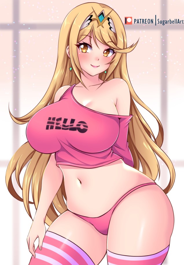 1girl alluring big_breasts blonde_hair breasts cleavage closed_mouth cowboy_shot crop_top english_text long_hair looking_to_the_side midriff mythra mythra_(xenoblade) navel nintendo panties pink_panties smile stockings stomach strap_slip sugarbell thighs underwear xenoblade_(series) xenoblade_chronicles_2 yellow_eyes
