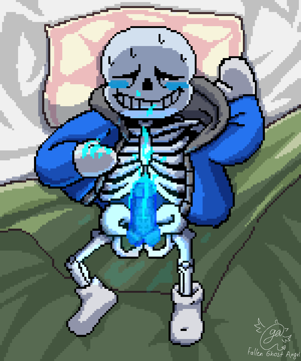 1boy 2020s 2022 animated_skeleton artist_name artist_signature bed bed_sheet bedroom blanket blue_blush blue_cum blue_jacket blue_penis blush bodily_fluids bottomless clothed clothing cum cum_on_body cum_on_chest cum_on_face cum_on_hand cum_on_own_face cum_on_self cum_on_upper_body cumshot ectopenis ejaculation erection fallen_ghost_angel_(artist) fluids genitals gloves hooded_jacket hoodie indoors jacket laying_on_back laying_on_bed lying_on_back lying_on_bed male male_focus male_masturbation male_only masturbation monster on_bed orgasm partially_clothed penile penile_masturbation penis pillow pixel_(artwork) pixel_art sans sans_(undertale) sequence sequential skeleton smooth_penis socks solo_male topless topwear undead undertale undertale_(series) white_gloves white_socks