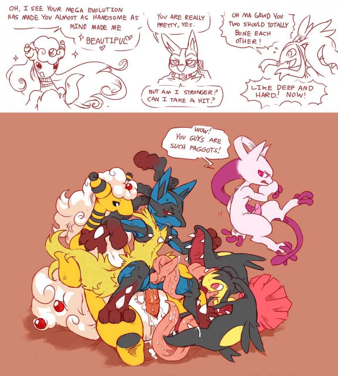 ampharos anal anal_penetration canine canine_penis cum cum_in_ass cum_inside erection gay group knot licking lucario male mawile mega_ampharos mega_evolution mega_lucario mega_mawile mega_mewtwo mewtwo nintendo oral penetration penis pokemon pokÃ©mon sheer_(artist) threesome tongue video_games