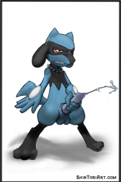 4_fingers anthro canine cum cum_on_penis cum_shot erection jackal male_only nintendo orgasm penis plain_background pokemon red_eyes riolu shintori_(artist) solo squint standing testicle video_games white_background white_eyes young