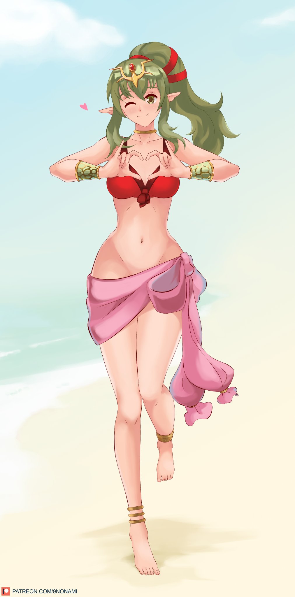 1girl 1girl 9nonami ;) alluring alternate_costume barefoot bikini bottomless breasts fire_emblem fire_emblem_awakening fire_emblem_heroes green_eyes green_hair head_tilt heart heart_hands long_hair looking_at_viewer medium_breasts nintendo no_panties official_alternate_costume one_eye_closed pointy_ears ponytail red_bikini red_swimsuit sarong smile swimsuit tiki_(adult)_(fire_emblem) tiki_(adult)_(summer)_(fire_emblem) tiki_(fire_emblem) wink