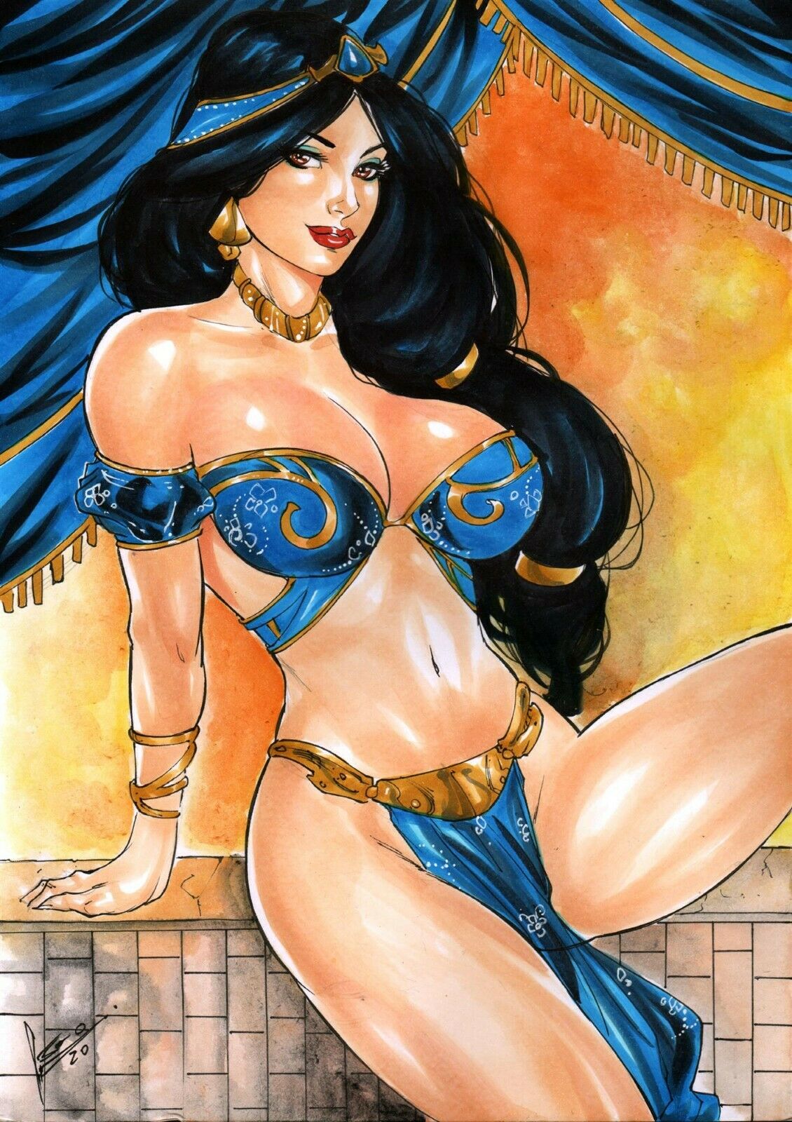 1girl aladdin_(series) alluring arabian arabian_clothes belly_dancer belly_dancer_outfit big_breasts black_hair bracelet brown_eyes cleavage curvy dancer dancer_outfit disney disney_princess earrings femsub harem_girl harem_outfit jewelry leonardo_lourenco loincloth necklace princess_jasmine submissive_female tanned_skin thick_thighs voluptuous