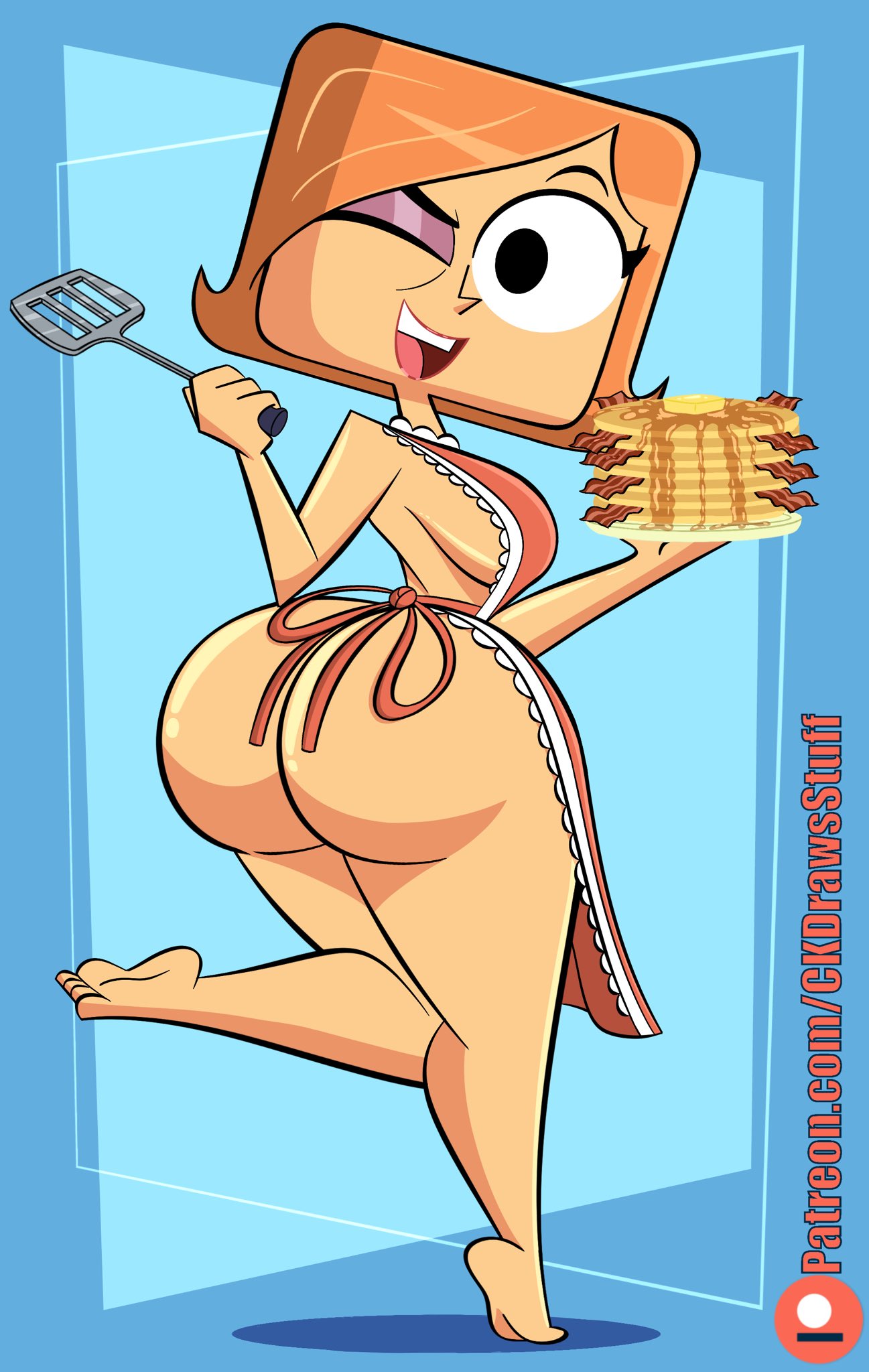 1girl apron apron_only ass bacon bare_legs barefoot black_eyes blue_background breakfast ckdrawstuff cute debbie_turnbull female_only looking_back milf naked_apron open_mouth orange_hair pancakes robotboy shiny shiny_skin sideboob solo_female toes winking_at_viewer