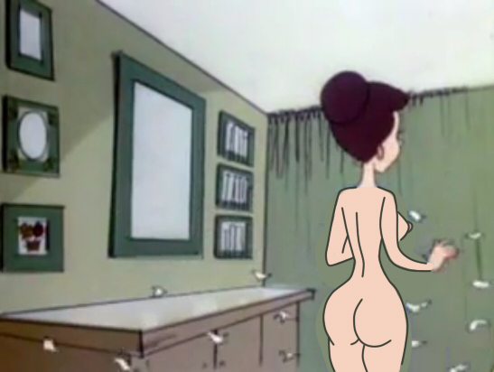 1girl 2018 albert's_wife ass back_view brown_hair edit female_only living_room mirror naked_female nude nude_female pink_at_first_sight sexy_ass sexy_body sideboob supahgentai2000 valentine's_day