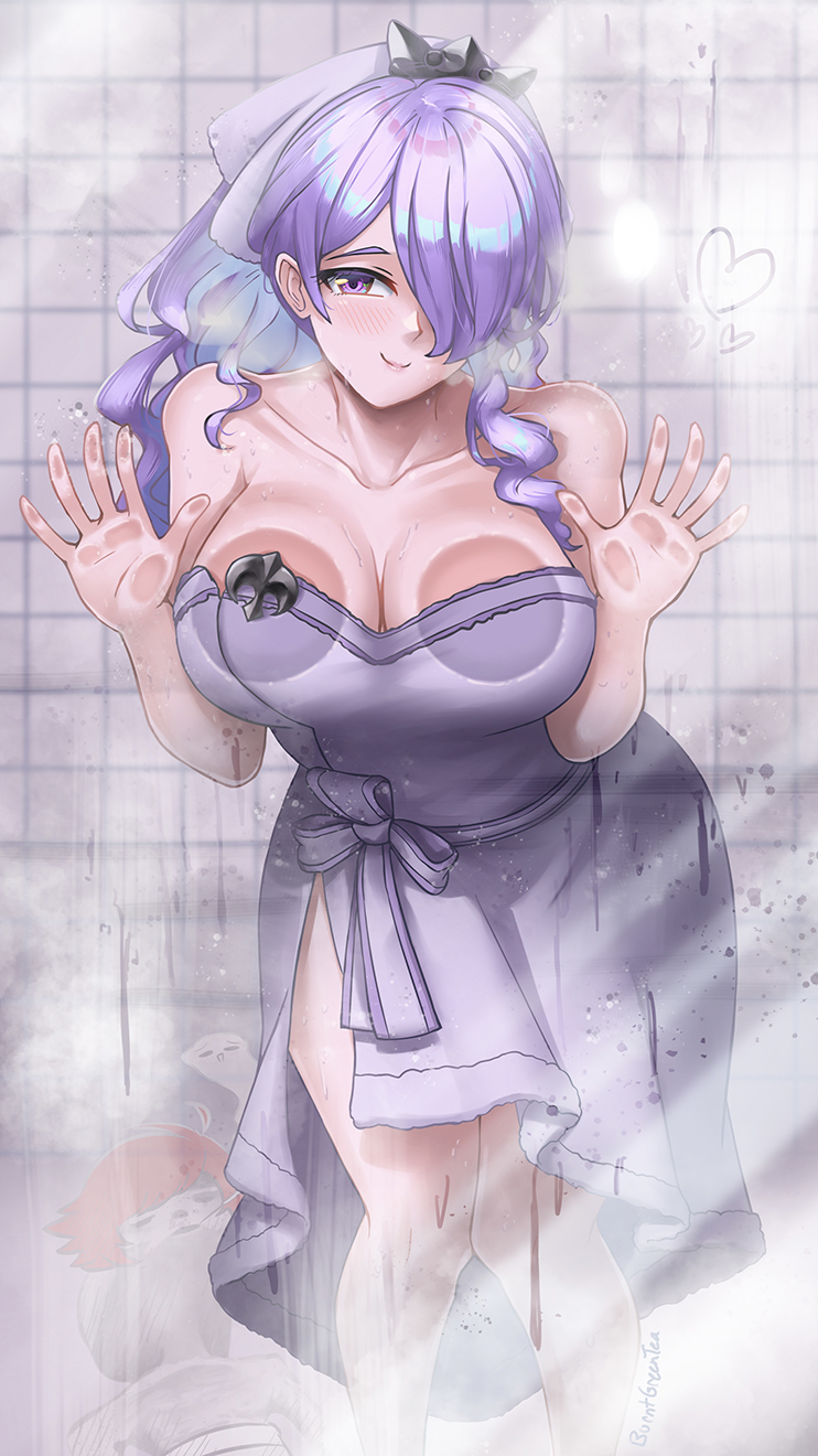 2_girls against_glass alluring big_breasts breast_press breasts breasts_on_glass burnt_green_tea camilla_(fire_emblem) camilla_(hostile_springs)_(fire_emblem) cleavage collar exhausted fire_emblem fire_emblem_fates fire_emblem_heroes hair_over_one_eye hand_on_glass heart high_res hinoka_(fire_emblem) leaning_forward long_hair looking_at_viewer multiple_girls naked_towel nintendo official_alternate_costume official_alternate_hairstyle ponytail purple_eyes purple_hair red_hair short_hair smile solo_focus towel