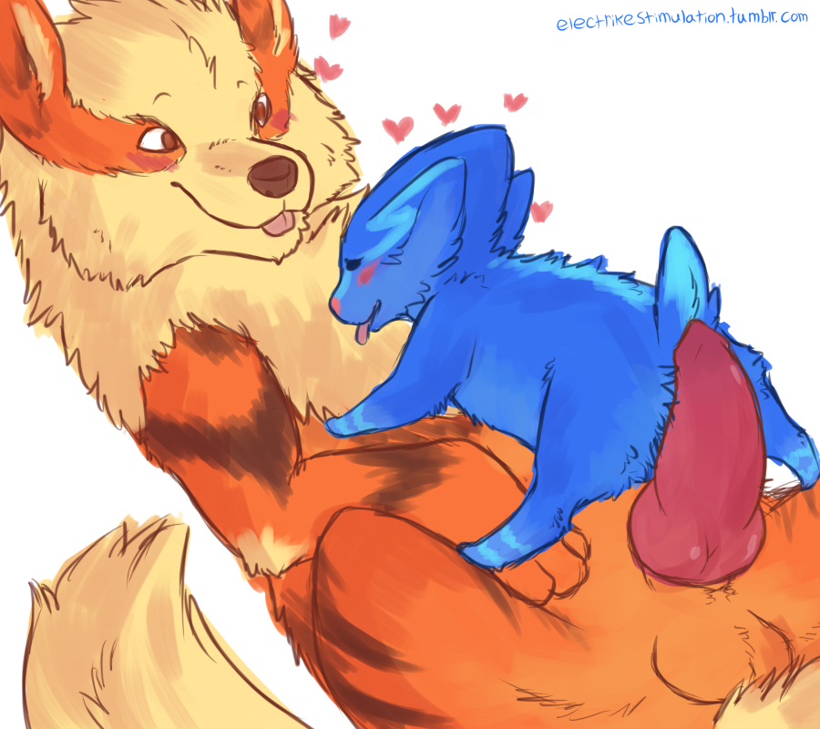 2013 age_difference arcanine blush canine closed_eyes cute duo electrike electrikedeathstrike erecion female feral fur happy happy_sex heart hetero imminent_sex knot lying male mammal nintendo on_back penis pokemon rubbing sex size_difference tongue tongue_out video_games
