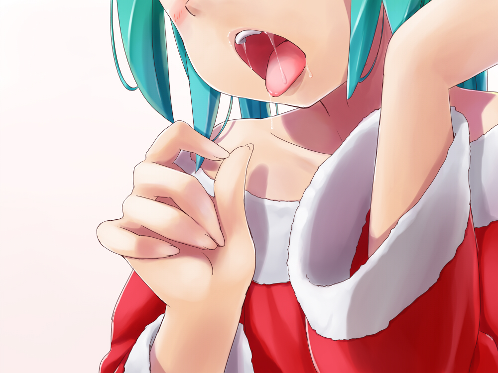 1girl aqua_hair fellatio_gesture hands hatsune_miku head_out_of_frame invisible_penis miu_(angelo_whitechoc) open_mouth pokemon saliva sexually_suggestive solo tongue vocaloid