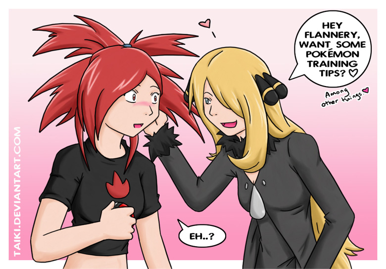 2girls arm arms art artist_request asuna_(pokemon) blonde blonde_hair blush choker coat crossover cynthia eye_contact female flannery gradient gradient_background grey_eyes gym_leader hair hair_over_one_eye hand_on_another's_face hand_on_face heart holding holding_poke_ball long_sleeves looking_at_another love low_res lowres midriff multiple_girls neck nintendo open_mouth pink_background poke_ball pokemon pokemon_(anime) pokemon_(game) pokemon_dppt pokemon_rse red_eyes red_hair redhead shirona_(pokemon) shirt short_hair shy smile speech_bubble surprised t-shirt talking very_long_hair yuri