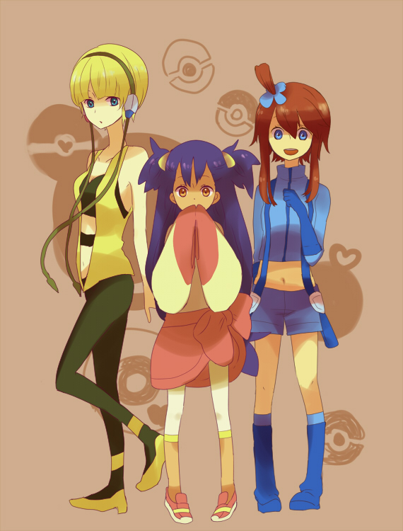 3girls bad_id big_hair blonde_hair blue_boots blue_eyes bob_cut boots brown_eyes cable covering_mouth dark_skin fuuro_(pokemon) gloves gym_leader hair_ornament hand_over_mouth hand_over_own_mouth headphones height_difference high_heels iris_(pokemon) kamitsure_(pokemon) leggings multiple_girls pantyhose poke_ball pokemon pokemon_(game) pokemon_black_and_white pokemon_bw purple_hair red_hair redhead shoes short_hair shorts suspenders twintails two_side_up vest yo_(toriyyyyy)