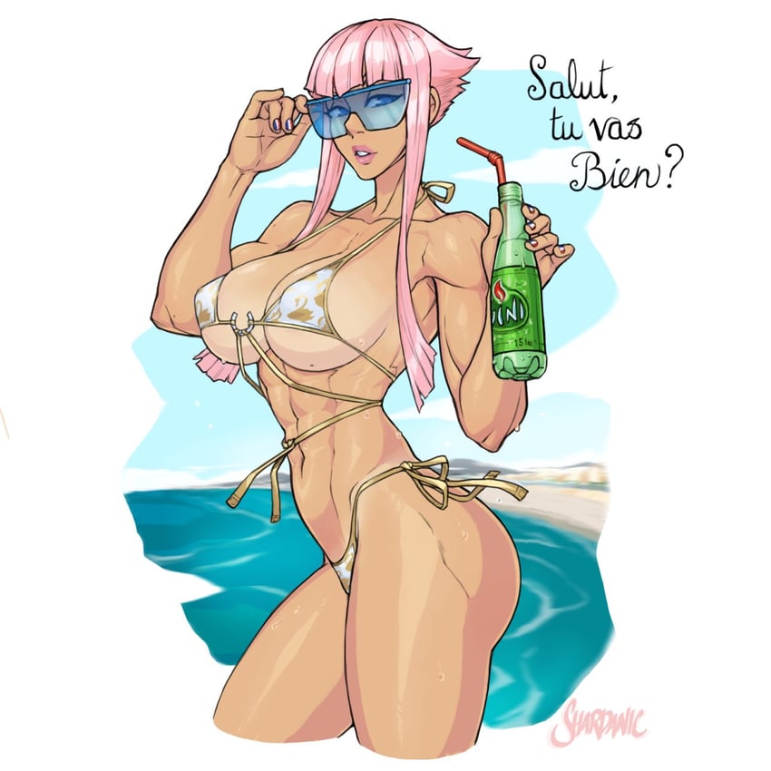 1girl 1girl abs adjusting_eyewear ass beach big_breasts big_breasts bikini blue-tinted_eyewear blue_eyes bottle breasts capcom cleavage drinking_straw fighting_game french french_female french_text halterneck hand_on_eyewear high_res hime_cut holding holding_bottle manon manon_(street_fighter) manon_legrand multicolored_bikini multicolored_clothes muscular muscular_female outside pink_hair shardanic short_hair_with_long_locks sidelocks street_fighter street_fighter_6 swimsuit tan tan_line tinted_eyewear toned yellow_bikini