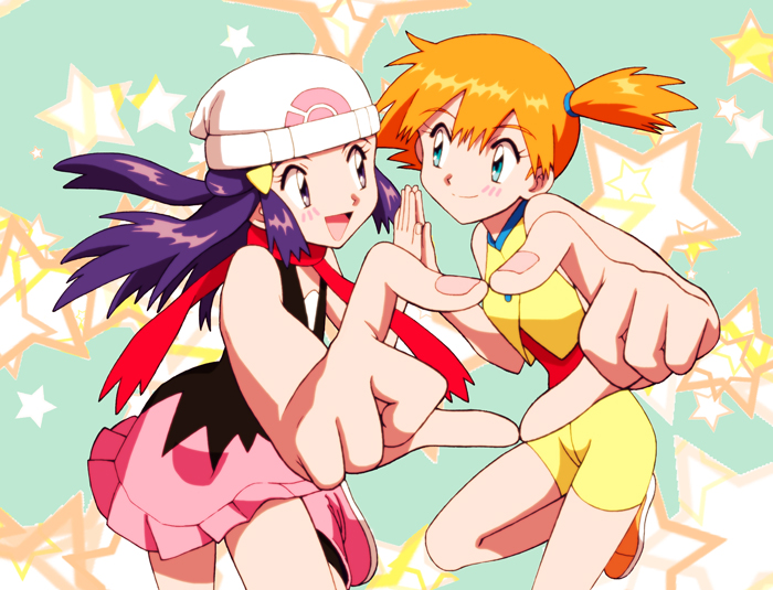 2_girls 2girls alluring alternate_costume aqua_eyes arm arms art bare_legs beanie bike_shorts blue_eyes blue_hair blush boots brown_eyes camisole dawn deki-ai dress eye_contact female foreshortening friends gym_leader hair_ornament hairclip hands_together happy hat heart heart_hands heart_hands_duo hikari_(pokemon) kasumi_(pokemon) kasumi_(pokemon_ag) legs long_hair looking_at_another misty multiple_girls nail_polish nintendo open_mouth orange_hair outstretched_arm pink_boots pokemon pokemon_(anime) pokemon_(game) pokemon_dppt pokemon_frlg pokemon_rgby purple_hair scarf shoes short_dress short_hair short_ponytail shorts side_ponytail skirt sleeveless sleeveless_dress sleeveless_shirt smile star starry_background yuri