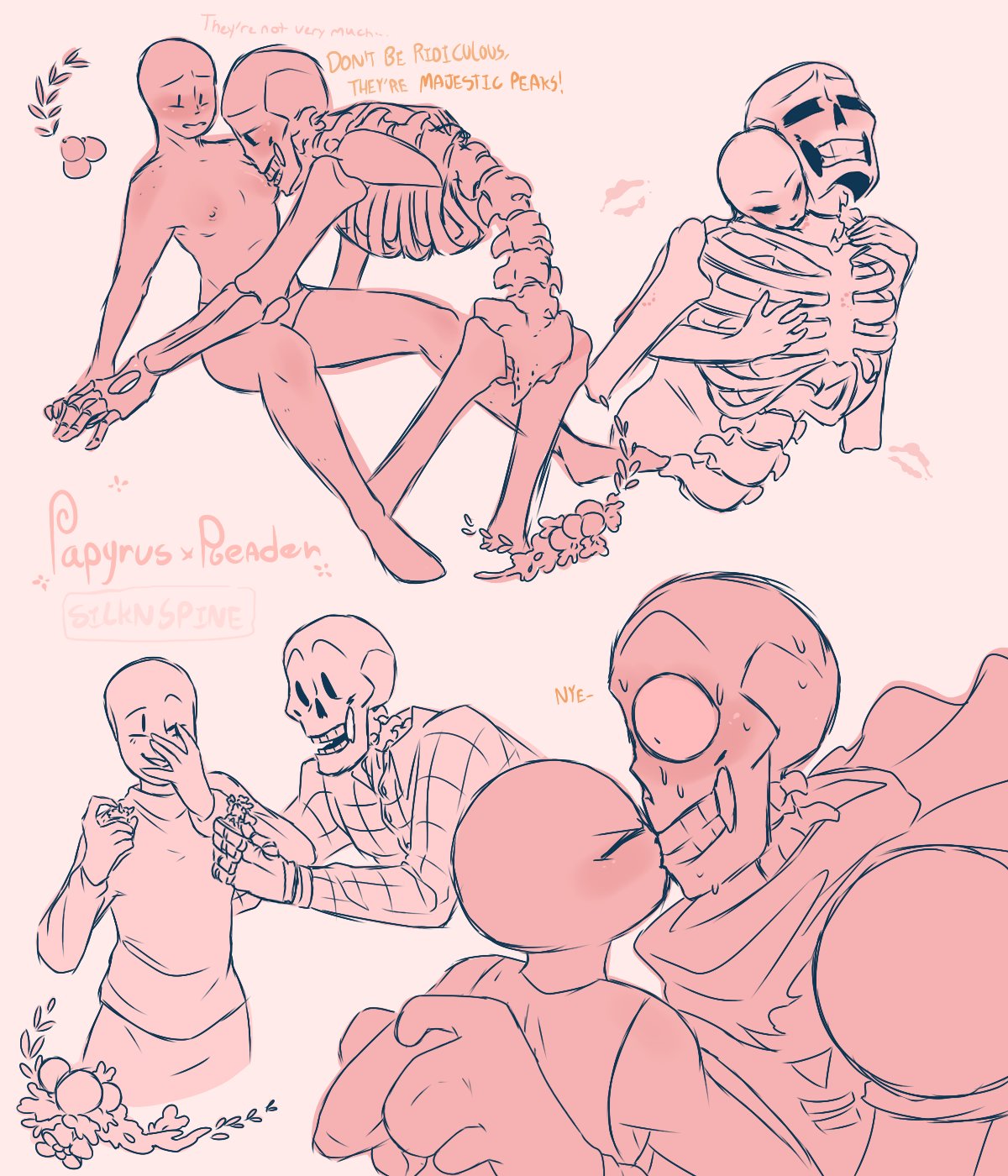 1_girl 1boy 1boy1girl 1girl 2020s 2022 animated_skeleton anon anonymous_female artist_name bite_mark bite_marks breasts clothed duo english_text hetero interspecies kissing male/female monochrome monster multiple_views naked nipples nude papyrus papyrus_(undertale) praise silknspine skeleton small_breasts straight text undead undertale undertale_(series)