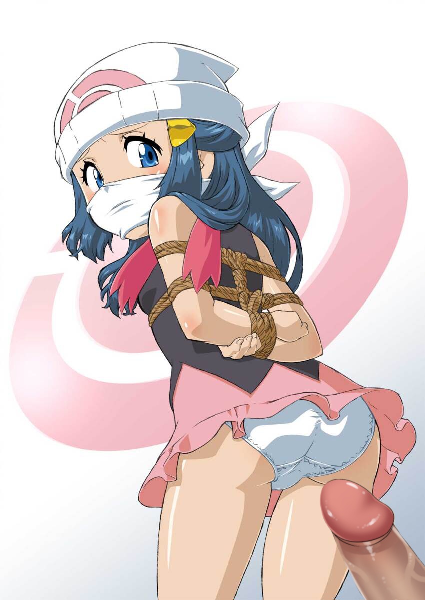 about_to_be_raped ass blue_eyes blue_hair dawn_(pokemon) edited mouth_hold panties penis pokemon tied tied_hands white_panties