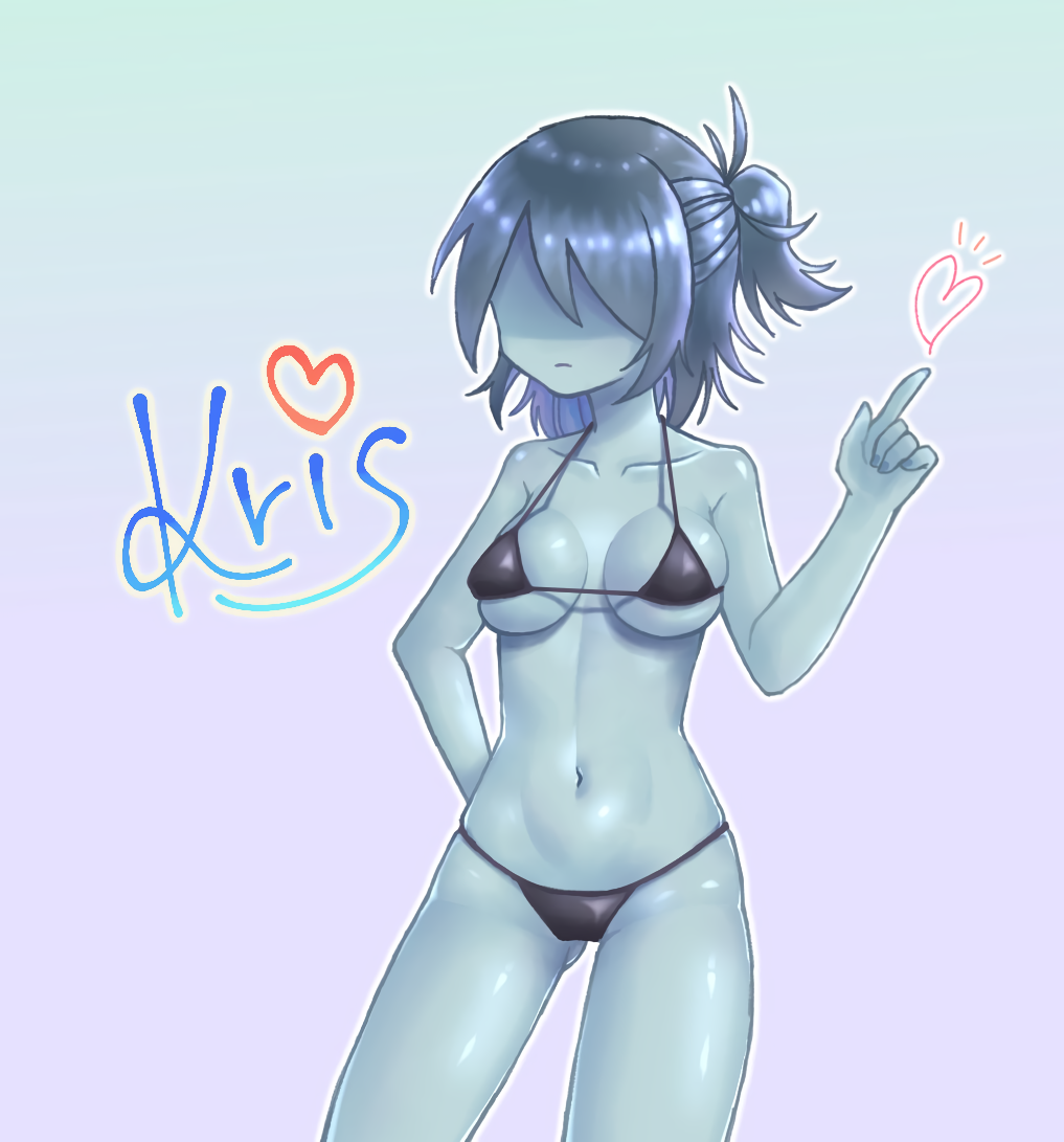 1girl 2020 2020s 2d 2d_(artwork) almost_naked almost_nude alternate_hairstyle bikini blue_body blue_skin breasts character_name cowboy_shot deltarune digital_media_(artwork) female female_human female_kris_(deltarune) female_only gradient_background hair_over_eyes human human_only kris_(dark_world_form) kris_(deltarune) maou__yr pointing pointing_up short_hair simple_background solo solo_female solo_human twitter two-tone_background undertale_(series) video_game_character video_games