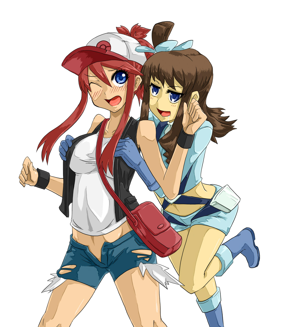 2girls baseball_cap blue_eyes blush boots breast_grab breasts brown_hair cosplay costume_switch fuuro_(pokemon) gloves grabbing gym_leader hat ka-9 long_hair multiple_girls navel open_mouth pokemon pokemon_(game) pokemon_black_and_white pokemon_bw ponytail red_hair saliva shorts side_ponytail simple_background standing_on_one_leg torn_clothes touko_(pokemon) unbuttoned undone unzipped vest white_(pokemon) white_background wink