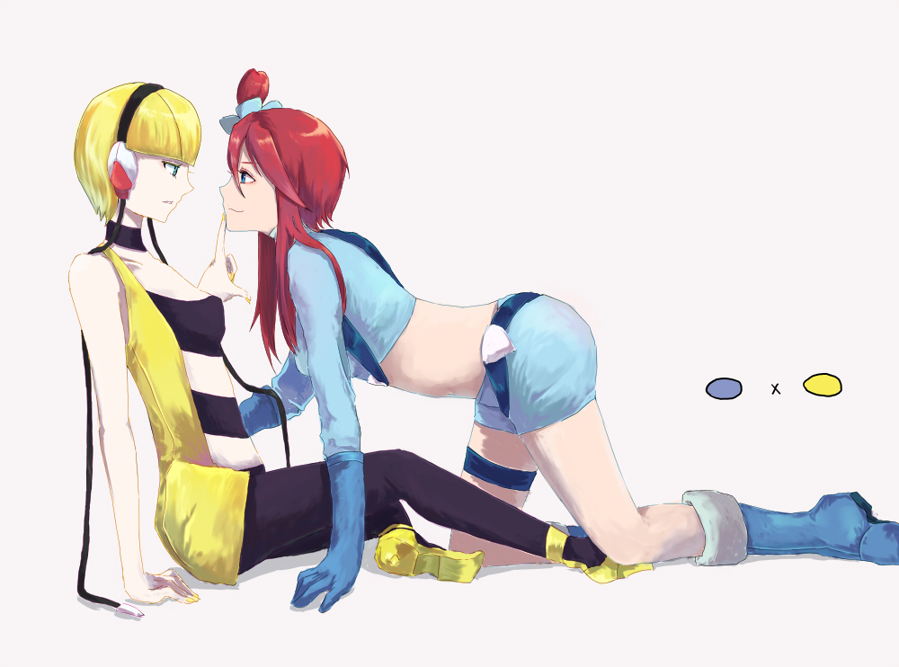 2girls all_fours arm arm_support art babe bare_legs bare_shoulders blonde_hair blue_boots blue_gloves bookshelf boots bow cable choker elbow_gloves elesa eye_contact face-to-face female finger_to_mouth gloves gym_leader hair_bow headphones high_heels hometown incipient_kiss legband legs long_hair long_sleeves looking_at_viewer love midriff multiple_girls mutual_yuri nail_polish naughty_face neck nintendo pantyhose parted_lips pokemon red_hair shoes short_hair short_shorts shorts shy simple_background sitting skyla smile thigh_strap topknot vest white_background yellow_high_heels yuri