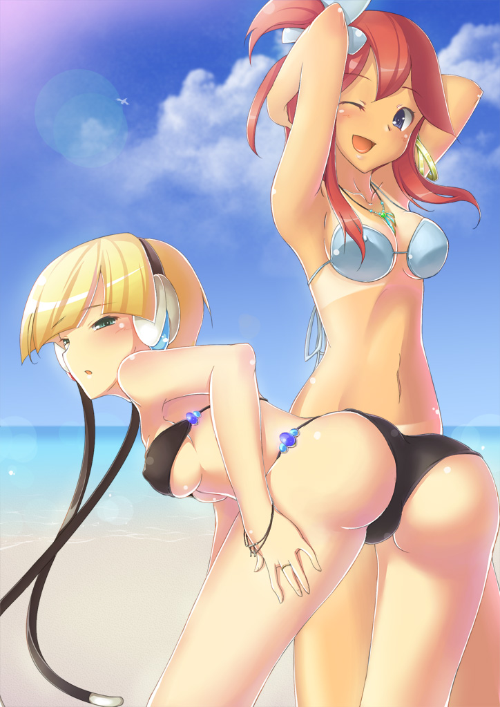 2_girls 2girls ;d aqua_eyes aral arm armlet armpits arms arms_behind_head arms_up art ass babe bare_legs bare_shoulders beach bent_over bikini bird black_bikini black_swimsuit blonde blonde_hair blue_bikini blue_eyes blue_ribbon blue_swimsuit blush bracelet breasts brown_hair cable cloud collarbone elesa erect_nipples female fuuro_(pokemon) green_eyes gym_leader hair_ornament hair_ribbon hand_on_leg happy headphones high_res highres jewelry kamitsure_(pokemon) leg_grab legs lens_flare long_hair looking_at_viewer looking_back midriff multiple_girls navel neck necklace nintendo ocean one_eye_closed open_mouth pokemon pokemon_(anime) pokemon_(game) pokemon_black_and_white pokemon_bw ponytail red_hair redhead ribbon ring sand sea shiny shiny_hair shiny_skin short_hair shy sky skyla smile standing strapless strapless_bikini strapless_swimsuit swimsuit tan tan_line tubetop underboob water wink