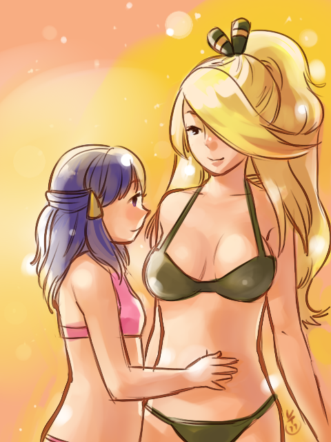 2girls age_difference alternate_hairstyle arm arms art bare_shoulders big_breasts bikini black_eyes blonde blonde_hair blue_eyes blue_hair blush breasts couple cynthia dawn female flat_chest green_bikini green_swimsuit hair_ornament hair_over_one_eye hairclip halterneck height_difference hug hugging large_breasts long_hair looking_at_another love magical_ondine midriff multiple_girls neck nintendo ondine_(artist) pink_bikini pink_swimsuit pokemon ponytail smile sparkle standing swimsuit yuri