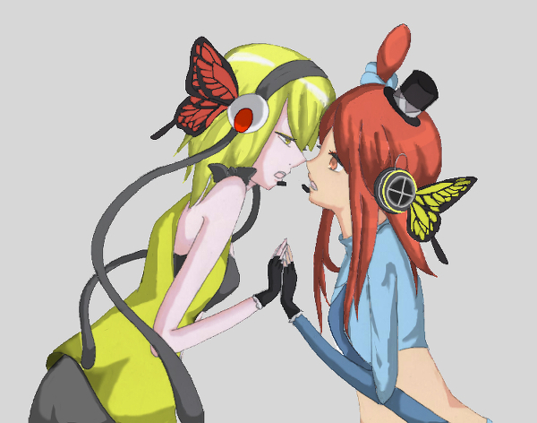 2_girls 2girls arm blonde blonde_hair butterfly_hair_ornament elesa eye_contact face-to-face female fingerless_gloves fuuro_(pokemon) gloves grey_background gym_leader hair_ornament hands_together hat headphones incipient_kiss kamitsure_(pokemon) long_sleeves looking_at_another low_res lowres midriff multiple_girls neck nintendo open_mouth parody pokemon pokemon_(anime) pokemon_(game) pokemon_black_and_white pokemon_bw red_eyes red_hair redhead short_hair side_ponytail simple_background skyla vocaloid yellow_eyes yuri