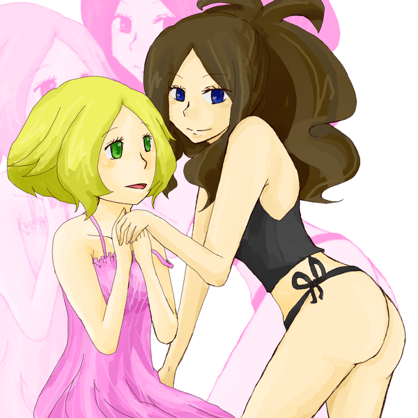 2girls arm_support art artist_request ass bare_legs bare_shoulders bent_over bianca_(pokemon) black_panties blonde_hair blue_eyes blush brown_hair camisole collarbone dress female green_eyes hand_holding happy hilda long_hair looking_at_another looking_at_viewer midriff multiple_girls neck nightgown nintendo open_mouth panties pink_dress pokemon pokemon_(game) pokemon_black_and_white pokemon_bw ponytail short_hair side-tie_panties smile strap_slip touko_(pokemon) yuri zoom_layer