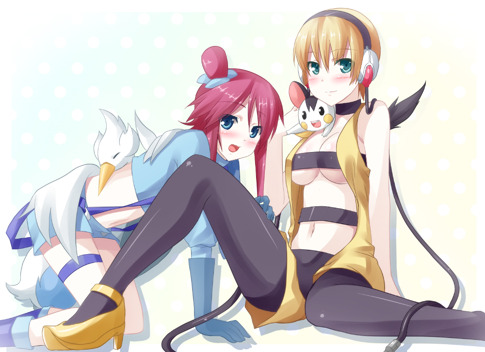 2_girls 2girls all_fours arm arm_support arms art babe bare_legs bare_shoulders blonde blonde_hair blue_eyes blue_gloves blush boots breasts cable choker cleavage elbow_gloves elesa emolga emonga female fuuro_(pokemon) gloves gym_leader hair_ornament halterneck happy headphones high_heels high_res highres kamitsure_(pokemon) legs looking_at_viewer midriff mitsuki multiple_girls navel nintendo open_mouth pantyhose pokemon pokemon_(anime) pokemon_(game) pokemon_black_and_white pokemon_bw red_hair redhead shiny shiny_hair shoes short_hair shorts side_ponytail sitting skin_tight skyla smile suspenders swanna underboob vest yellow_high_heels