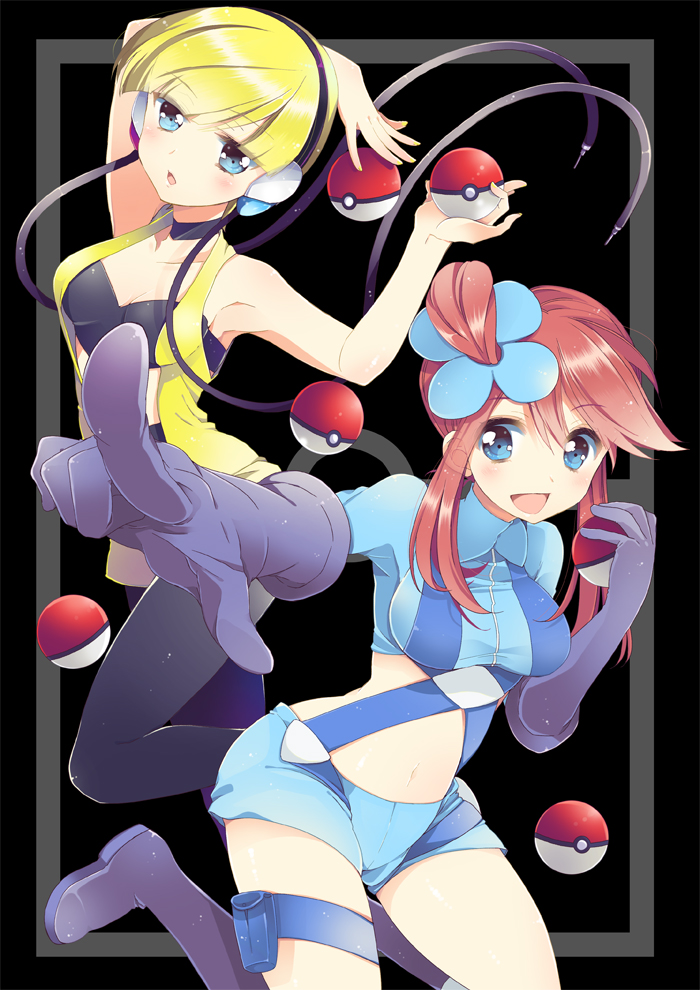 2girls arm armpits arms arms_up art babe bad_id bare_legs black_background blonde blonde_hair blue_eyes blush boots breasts cable choker cleavage collarbone cord elesa female fuuro_(pokemon) gloves gym_leader hair halter_top halterneck happy headphones highres holding holding_poke_ball kamitsure_(pokemon) legs looking_at_viewer midriff multiple_girls nakayama_miyuki navel neck nintendo open_clothes open_mouth open_shirt pantyhose pointing poke_ball pokemon pokemon_(anime) pokemon_(game) pokemon_black_and_white pokemon_bw ponytail red_hair redhead serious shiny shiny_hair shirt short_hair short_shorts shorts side_ponytail skyla smile strapless tubetop vest wire