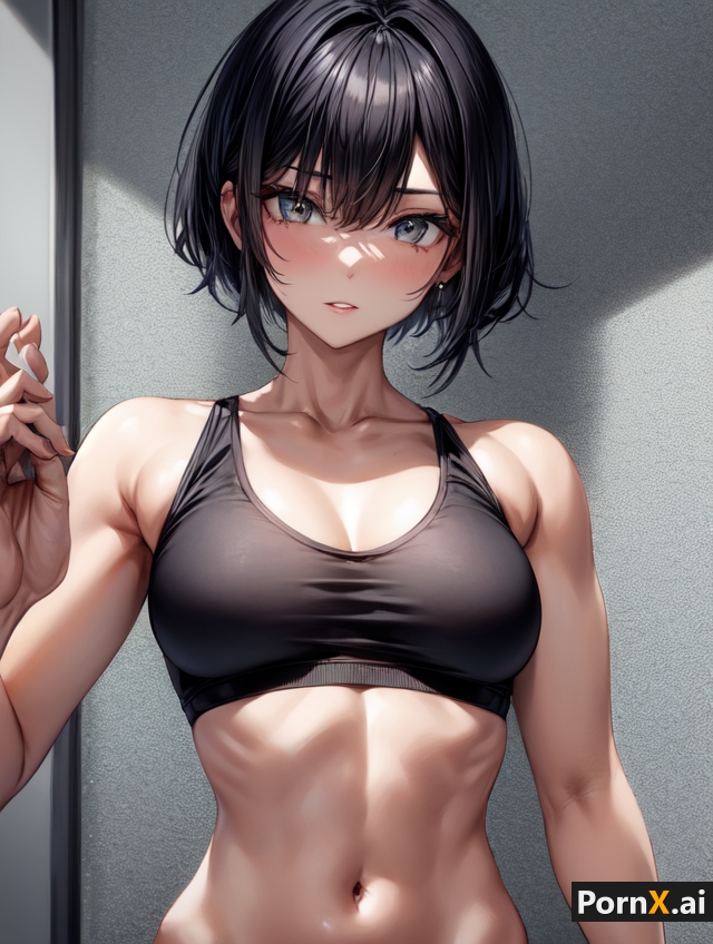 1girl ai_generated athletic_female black_hair blue_eyes blush blushing_at_viewer cleavage exposed_shoulders fit_female grabbing_head hand_hold hand_holding indoors looking_at_viewer midriff navel pooplool pornx.ai shadow slim_female slim_girl slim_waist sports_bra tagme thick_arms thin_female tilted_head tomboy