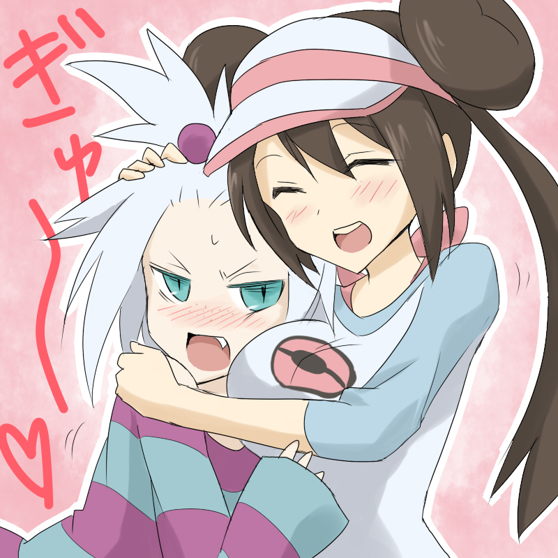 2girls ^_^ aqua_eyes black_hair blue_eyes blush breast_smother breasts brown_hair closed_eyes couple double_bun dress fang freckles green_eyes gym_leader hair hair_bobbles hair_ornament hair_ribbon heart homika_(pokemon) hue_(pokemon) hug jacket large_breasts long_hair long_sleeves lying_on_person mei_(pokemon) multiple_girls open_mouth oro_(zetsubou_girl) pokemon pokemon_(game) pokemon_bw2 profile raglan_sleeves red_eyes ribbon short_hair smile spiked_hair striped striped_dress topknot twintails visor_cap white_background white_hair yuri