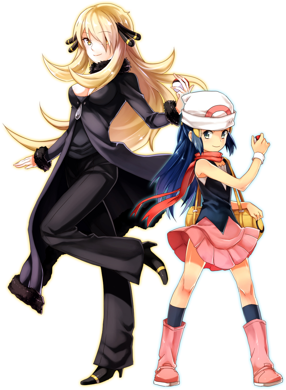 2girls arm arms art artist_request bad_id bag bare_legs beanie big_breasts black_high_heels blonde_hair blue_eyes blue_hair boots breasts choker cleavage coat creatures_(company) cynthia_(pokemon) dawn_(pokemon) female game_freak hair hair_ornament hair_over_one_eye hat headgear height_difference high_heels highres hikari_(pokemon) holding holding_poke_ball huge_breasts humans_of_pokemon large_breasts leg_lift leg_up legs long_hair looking_at_viewer multiple_girls nintendo pants pink_boots poke_ball pokemon pokemon_(anime) pokemon_(game) pokemon_black_2_&amp;_white_2 pokemon_black_and_white pokemon_bw pokemon_bw2 pokemon_diamond_pearl_&amp;_platinum pokemon_dppt rex_k scarf shirona_(pokemon) shoes skirt smile standing standing_on_one_leg very_long_hair white_background wristband yellow_eyes