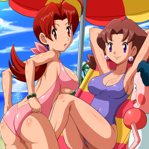 2_girls 2girls adjusting_clothes adjusting_swimsuit ahoge arm armpits arms arms_behind_head ass babe back bare_back bare_legs beach big_breasts blush bracelet breasts brown_hair caroline_(pokemon) chair cleavage cloud delia_ketchum earrings erect_nipples female hair_ribbon high_res highres jewelry large_breasts leaning leaning_forward legs long_hair looking_at_viewer looking_back lounge_chair lowres milf mr._mime multiple_girls nintendo one-piece one-piece_swimsuit open_mouth outdoors parasol pokemoa pokemon pokemon_(anime) ponytail purple_eyes red_eyes red_hair redhead ribbon shiny shiny_hair shiny_skin short_hair short_twintails shy sideboob sitting sky smile soara standing swimsuit twintails umbrella underboob violet_eyes water