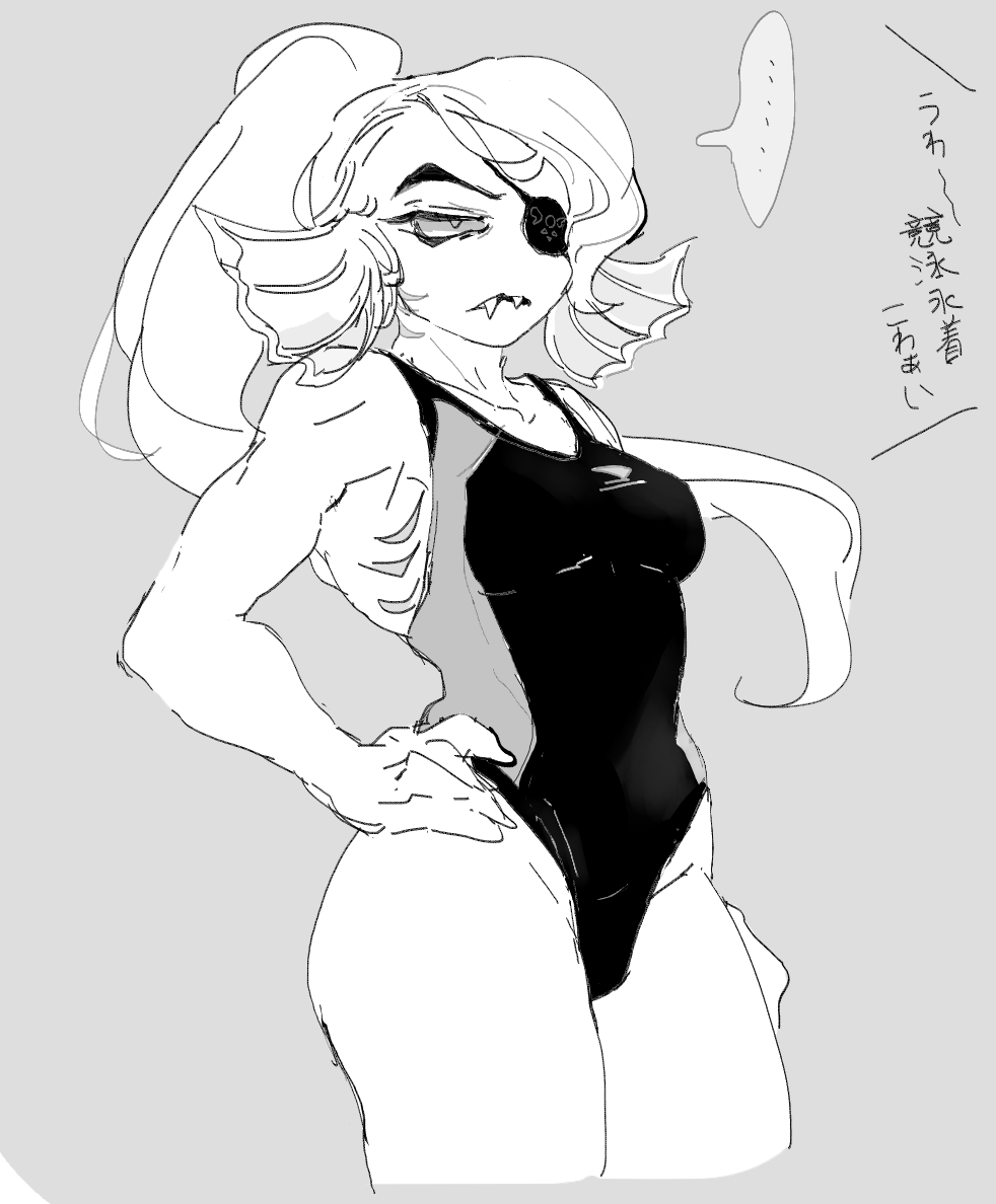 &gt;:( ... 1girl 2010s 2018 2d 2d_(artwork) anthro anthro_only black_and_white breasts delta_rune_(emblem) digital_media_(artwork) ear_fins eye_patch eyepatch fangs female_anthro female_only fish fish_girl grey_background hair hand_on_hip head_fins japanese_text long_hair marine medium_breasts monster monster_girl non-mammal_breasts one-piece_swimsuit ribon22 simple_background slit_pupils solo_anthro solo_female spoken_ellipsis swimsuit swimwear text thighs undertale undertale_(series) undyne very_long_hair video_game_character video_games
