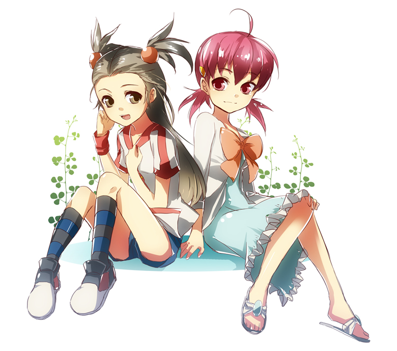 2_girls 2girls ahoge akane_(pokemon) alternate_costume arm arm_support arms art artist_request bare_legs black_socks bow brown_eyes brown_hair cosplay costume_switch denim denim_shorts dress feet female footwear gym_leader hair_bobbles hair_ornament jasmine_(pokemon) legs long_hair long_sleeves looking_at_another low_twintails mikan_(pokemon) multiple_girls neck nintendo open_mouth pink_eyes pink_hair pokemon pokemon_hgss ribbon sandals shirt short_hair short_shorts shorts simple_background sitting smile sneakers socks striped striped_socks twintails white_background whitney wristband young