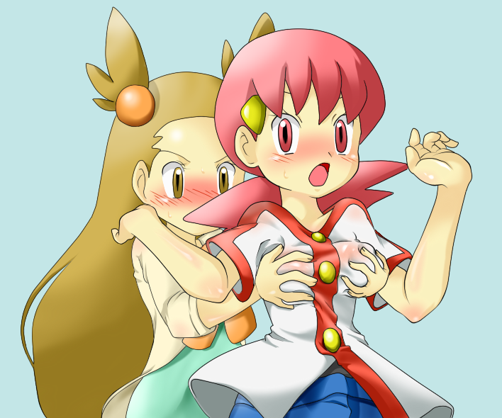 2girls arm arms art artist_request blue_background blush breast_grab breasts brown_eyes brown_hair female from_behind gym_leader hair hair_ornament jasmine_(pokemon) light_brown_hair long_hair looking_at_another mikan_(pokemon) moaning multiple_girls neck nintendo open_mouth pink_eyes pink_hair pokemon pokemon_(anime) pokemon_(game) pokemon_hgss short_hair simple_background surprised sweat twintails whitney yuri