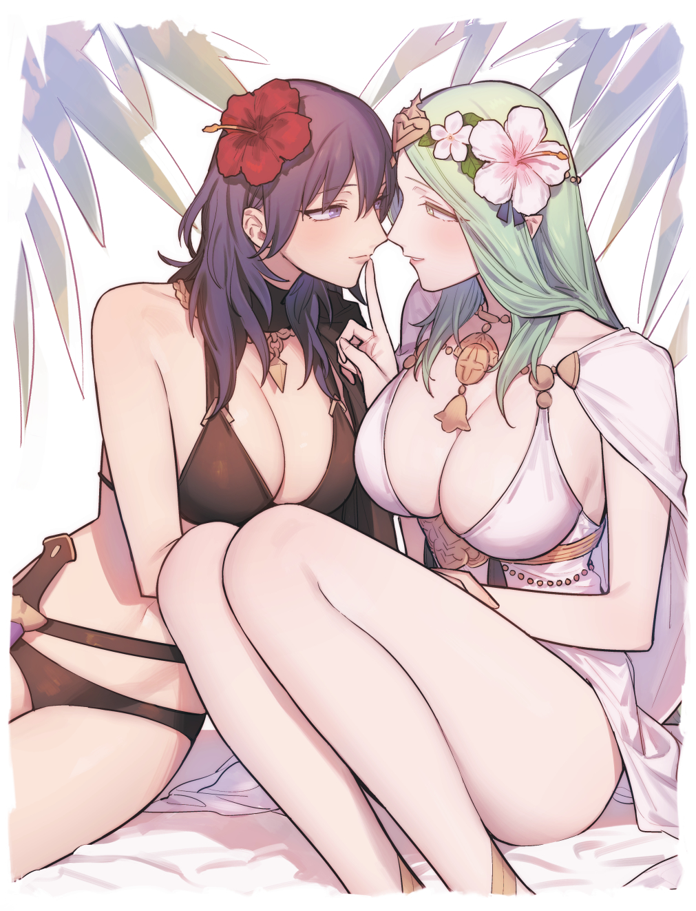 2_girls alluring big_breasts bikini black_bikini blush breasts byleth_(female) byleth_(fire_emblem) byleth_(fire_emblem)_(female) byleth_(summer)_(fire_emblem)_(female) cape cleavage closed_mouth commentary_request eye_contact finger_to_another's_mouth fire_emblem fire_emblem:_three_houses fire_emblem_heroes flower green_eyes green_hair hair_between_eyes hair_flower hair_ornament head_wreath hibiscus high_res ikarin index_finger_raised jewelry long_hair looking_at_another multiple_girls necklace nintendo official_alternate_costume one-piece_swimsuit parted_lips pointy_ears purple_eyes purple_hair red_flower rhea_(fire_emblem) simple_background swimsuit teal_eyes teal_hair white_bikini white_cape white_flower yuri