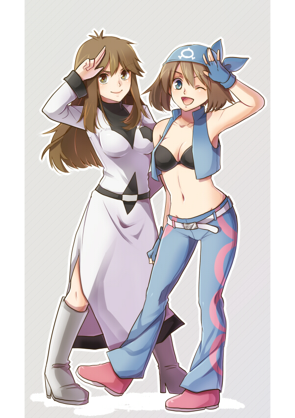 2girls ;) alternate_costume alternate_outfit arm_up bandana bandanna belt blue_(pokemon) blue_eyes boots bra breasts brown_eyes brown_hair cleavage coat cosplay dress fingerless_gloves full_body gloves green_eyes haruka_(pokemon) izumi_(pokemon)_(cosplay) looking_at_viewer midriff mokorei multiple_girls one_eye_closed pokemon pokemon_(game) pokemon_rgby pokemon_rse salute simple_background smile team_aqua twintails underwear vest wink