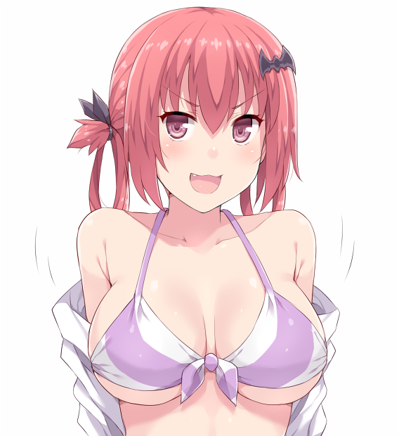 1girl 1girl :3 :d amane_hasuhito bad_id bad_pixiv_id bare_shoulders bat_hair_ornament big_breasts bikini breasts fang gabriel_dropout hair_ornament hair_rings open_mouth pink_eyes red_hair satanichia_kurumizawa_mcdowell simple_background smile swimsuit under_boob upper_body v-shaped_eyebrows white_background